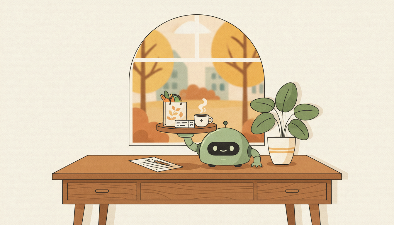 Illustration of a small helper robot carrying a tray of everyday errands across a tidy desk